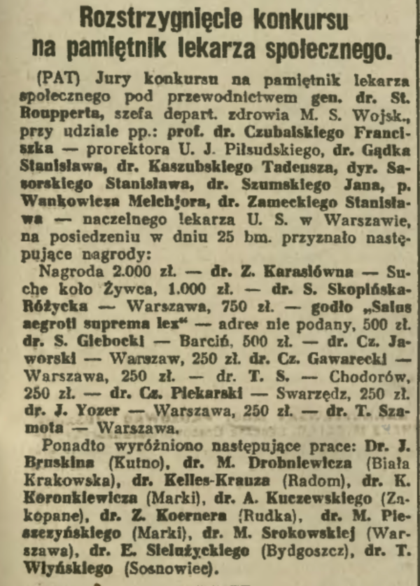 Il. 1. Ogłoszenie wyników konkursu, „Ilustrowany Kuryer Codzienny” 1 VII 1938, nr 179, s. 13.